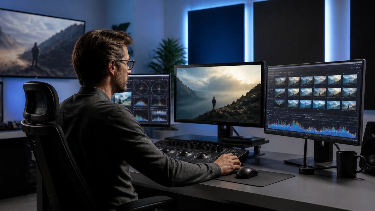 a creative professional reviewing cinematic video frames on multiple monitors in a modern studio
