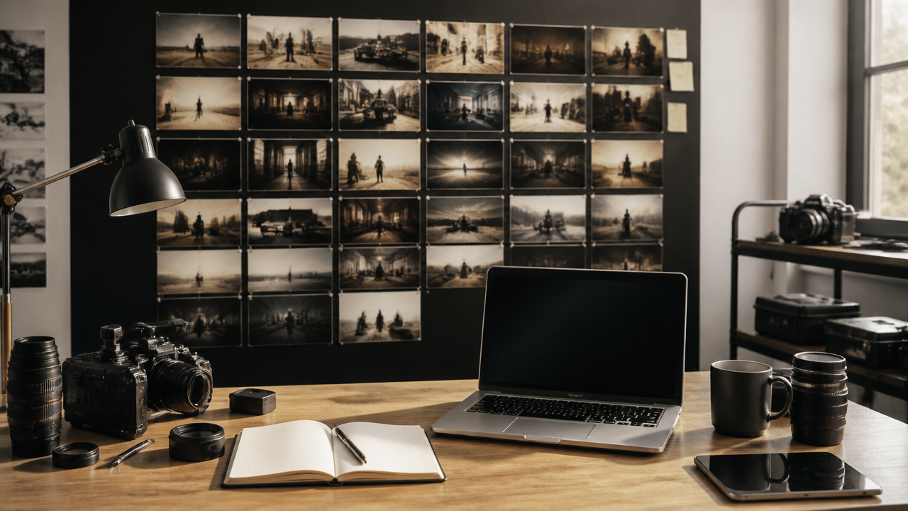 a storyboard wall with cinematic scene thumbnails