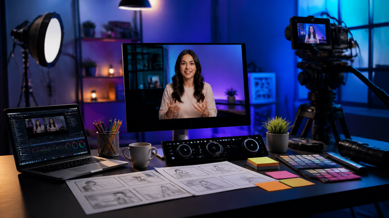 a professional AI video production workspace with a virtual presenter on a monitor