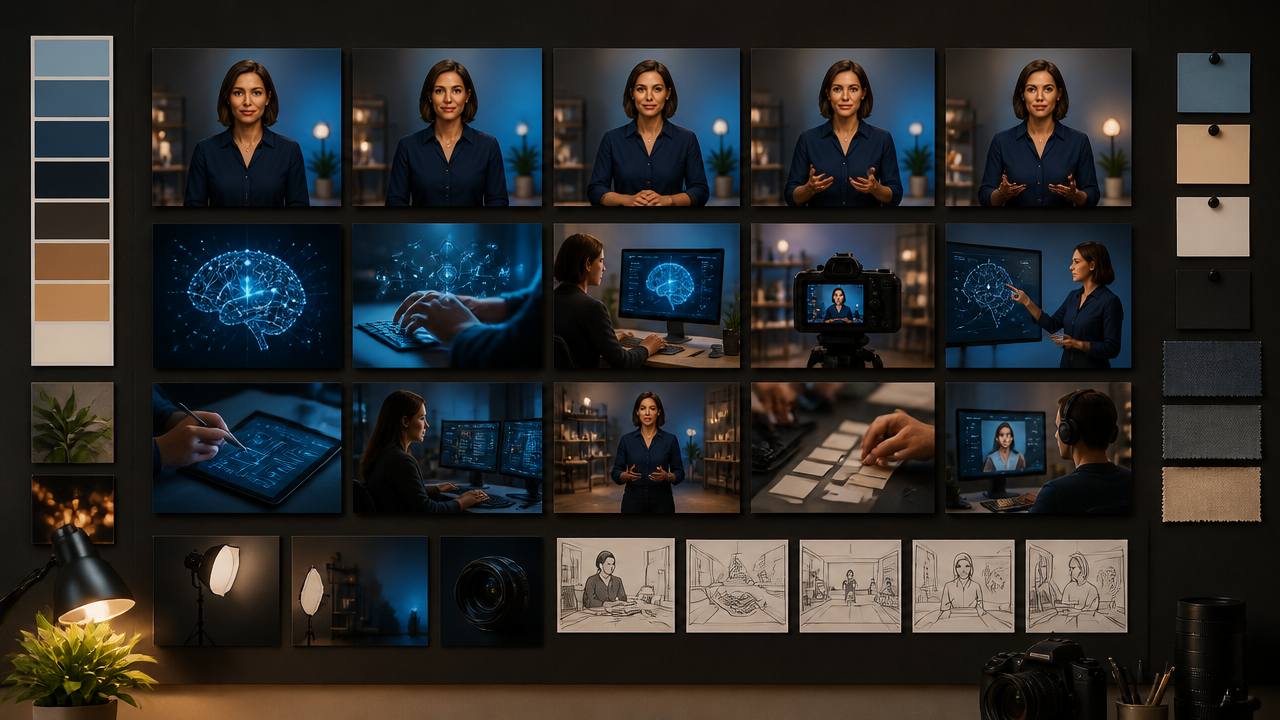 a storyboard wall for an AI training video showing consistent presenter frames