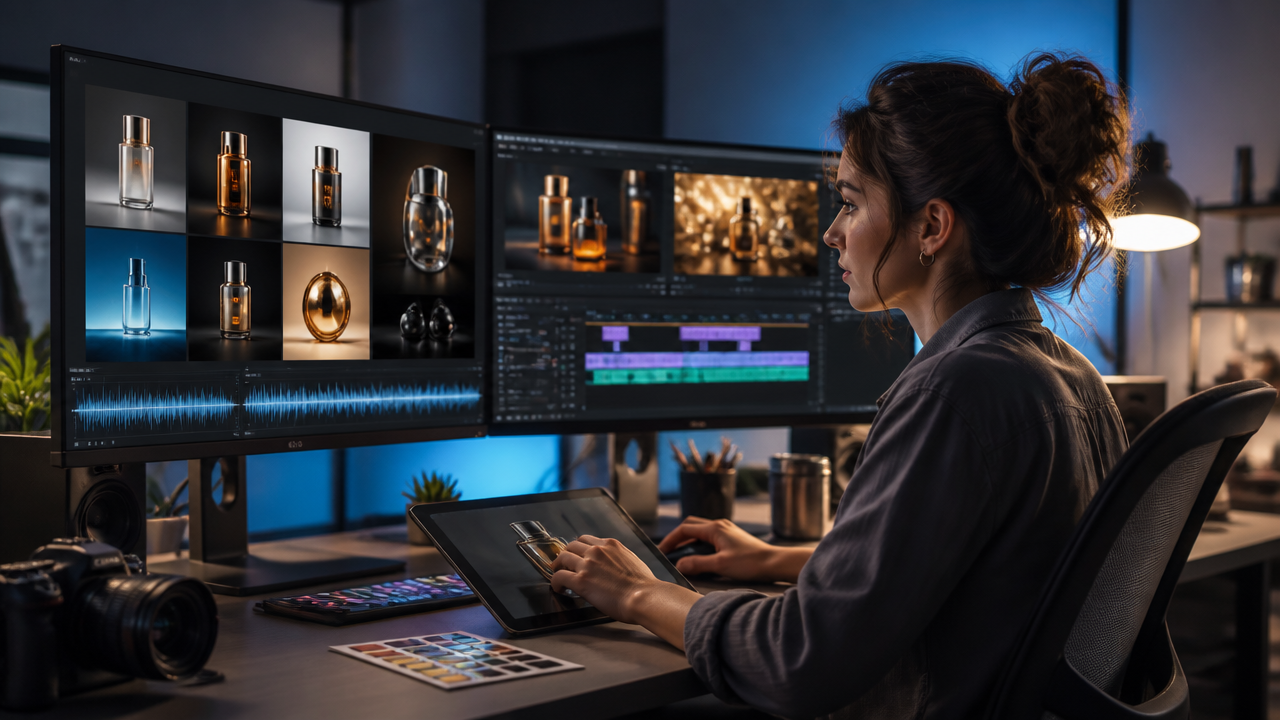 a digital creator arranging AI-generated product visuals