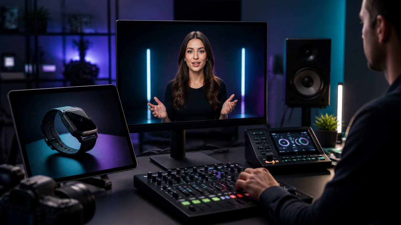 a professional AI video production scene showing a virtual presenter on a monitor