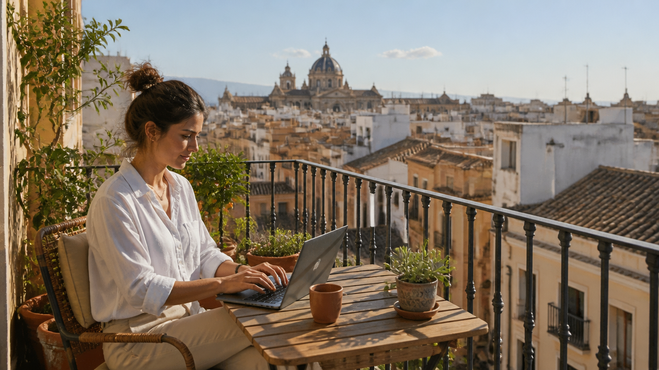 a remote professional sitting on a sunny apartment balcony in Spain with a laptop