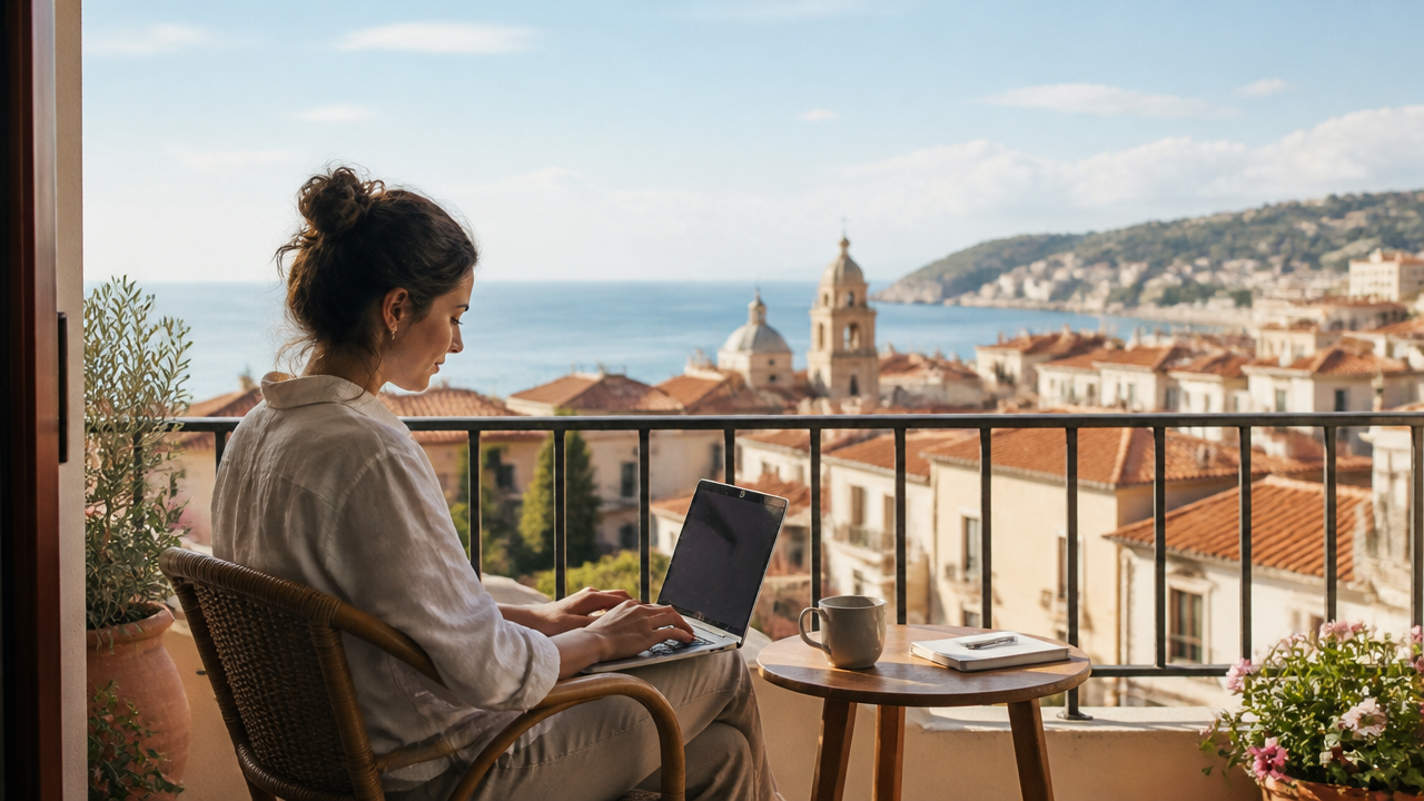 a remote professional working on a laptop from a bright apartment balcony overlooking a Spanish coastal city