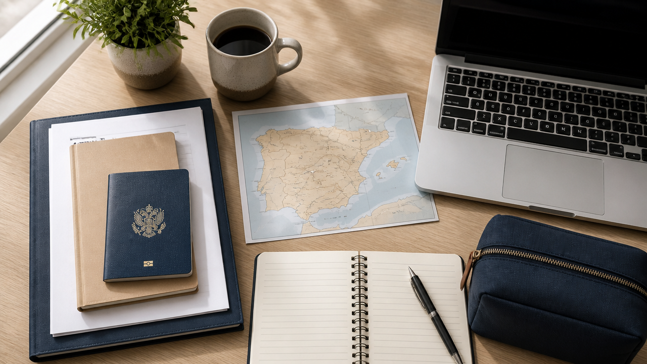 an organized relocation planning desk with a passport