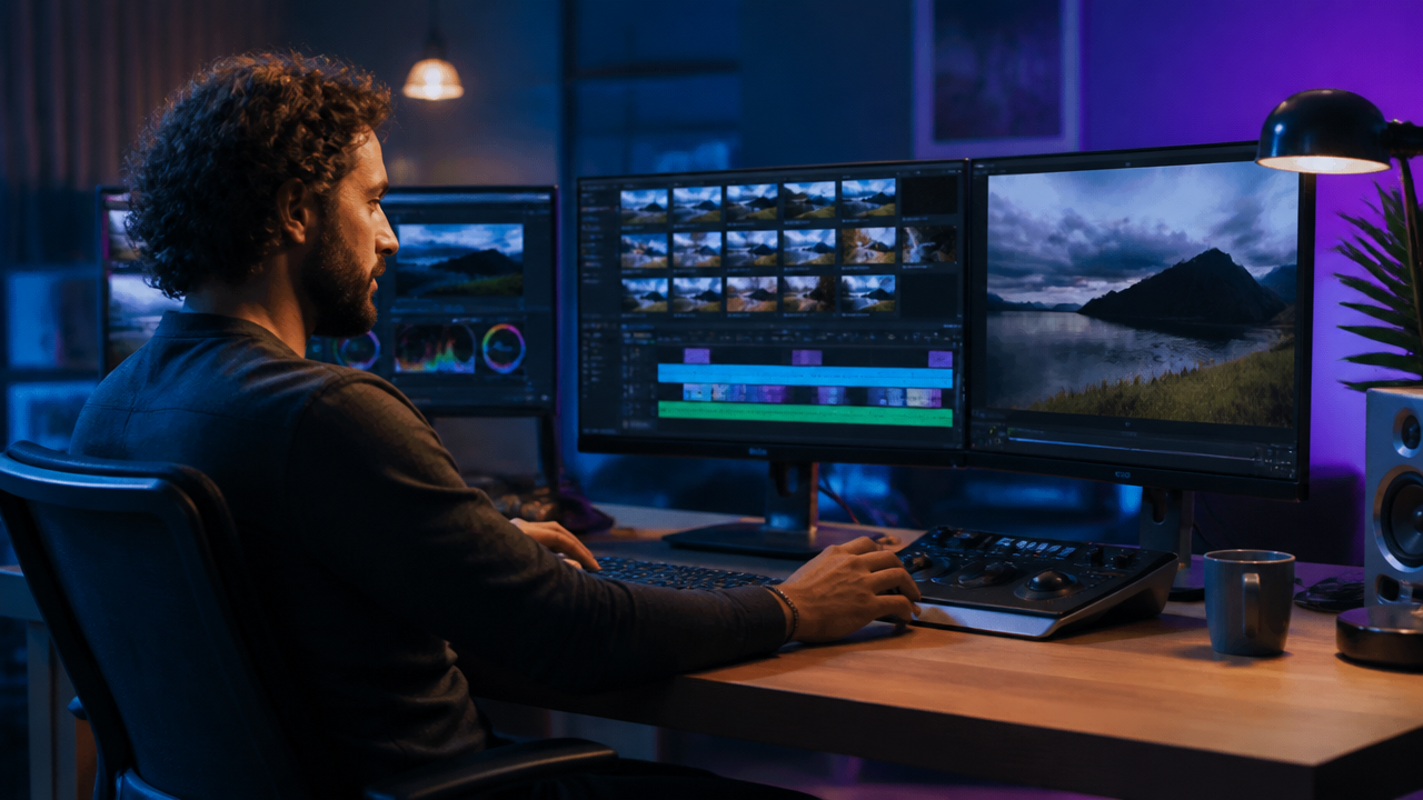Un editor de vídeo profesional trabajando en un escritorio moderno con varios monitores que muestran coloridas líneas de tiempo de vídeo y miniaturas de metraje sin editar.