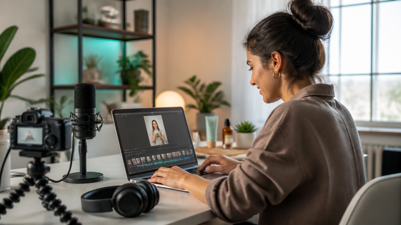 Un creador revisando videoclips verticales cortos en una computadora portátil junto a una cámara.