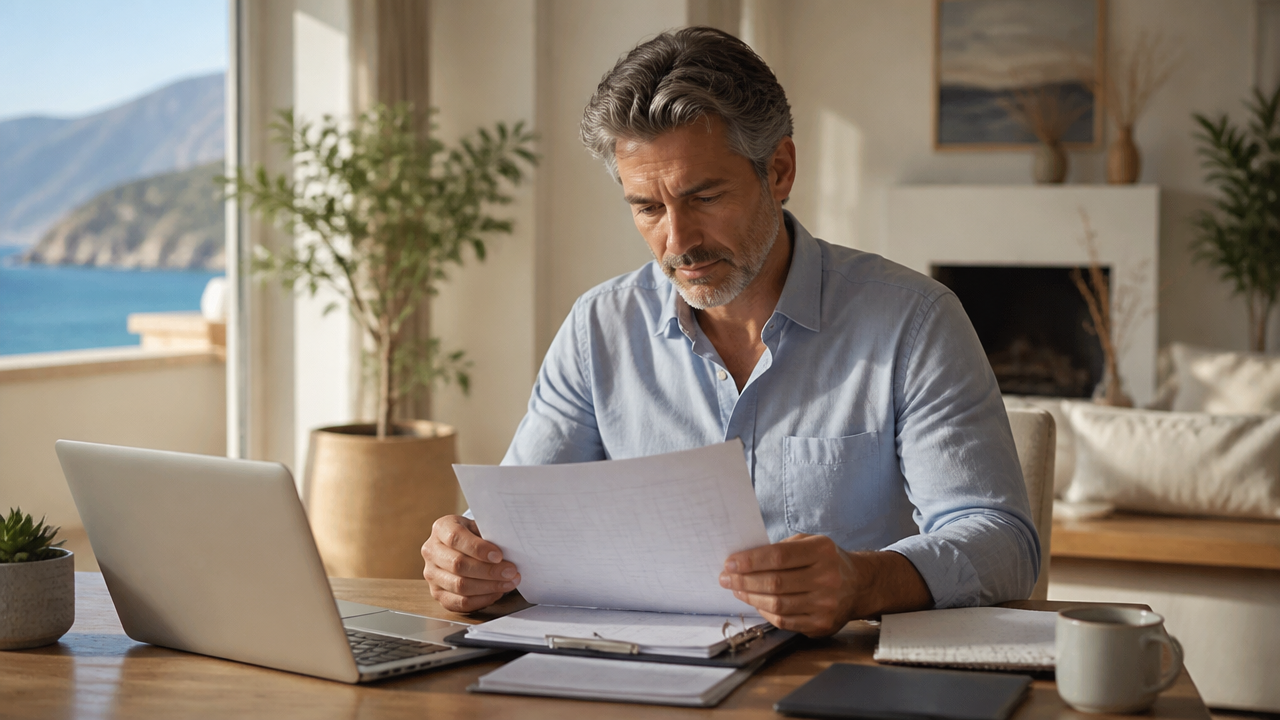 a remote professional reviewing tax documents beside a laptop in a bright Mediterranean apartment