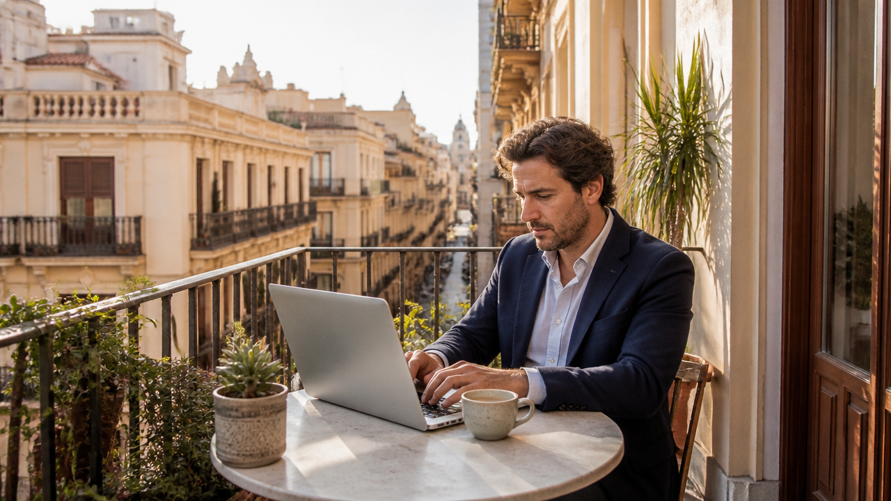 a remote professional sitting at a small balcony table in a Spanish city apartment