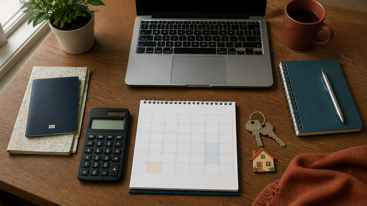 a neatly arranged relocation planning scene with passport