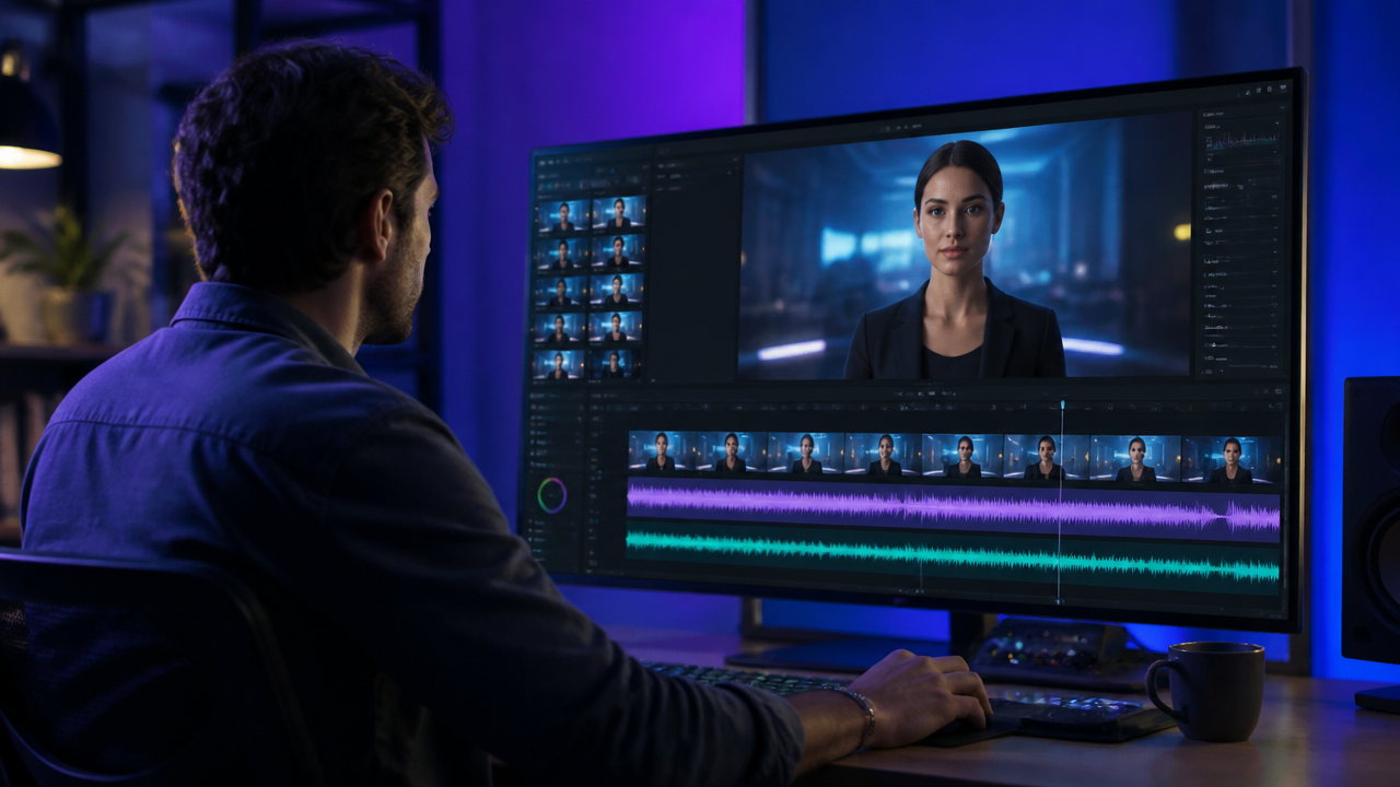 a creator editing an AI avatar video timeline with separate voiceover and music tracks on a large monitor