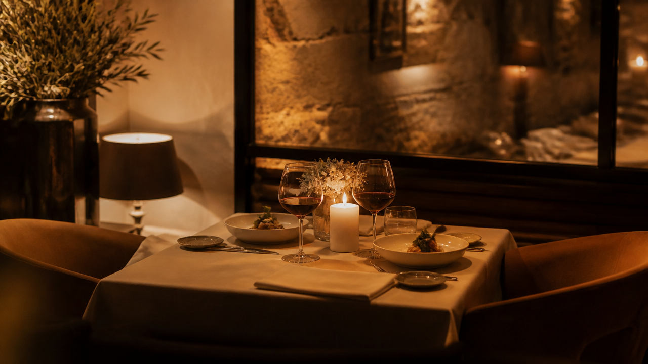 une table romantique éclairée aux chandelles pour deux dans un coin cosy d'un restaurant