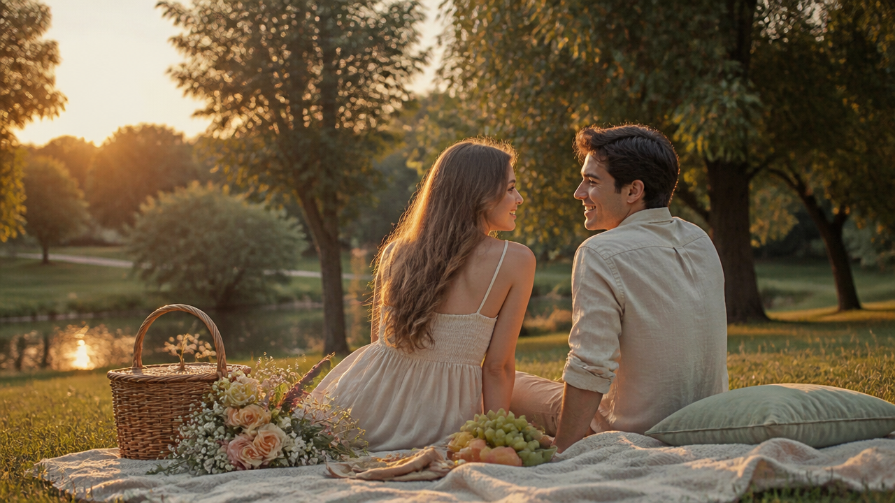 Un couple assis sur une couverture de pique-nique dans un parc tranquille au coucher du soleil, avec un panier