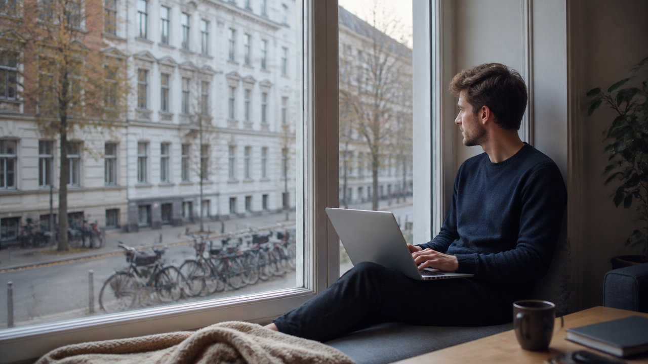 a remote professional with a laptop sitting by a large apartment window overlooking a quiet German city street with bicycles and old residential buildings