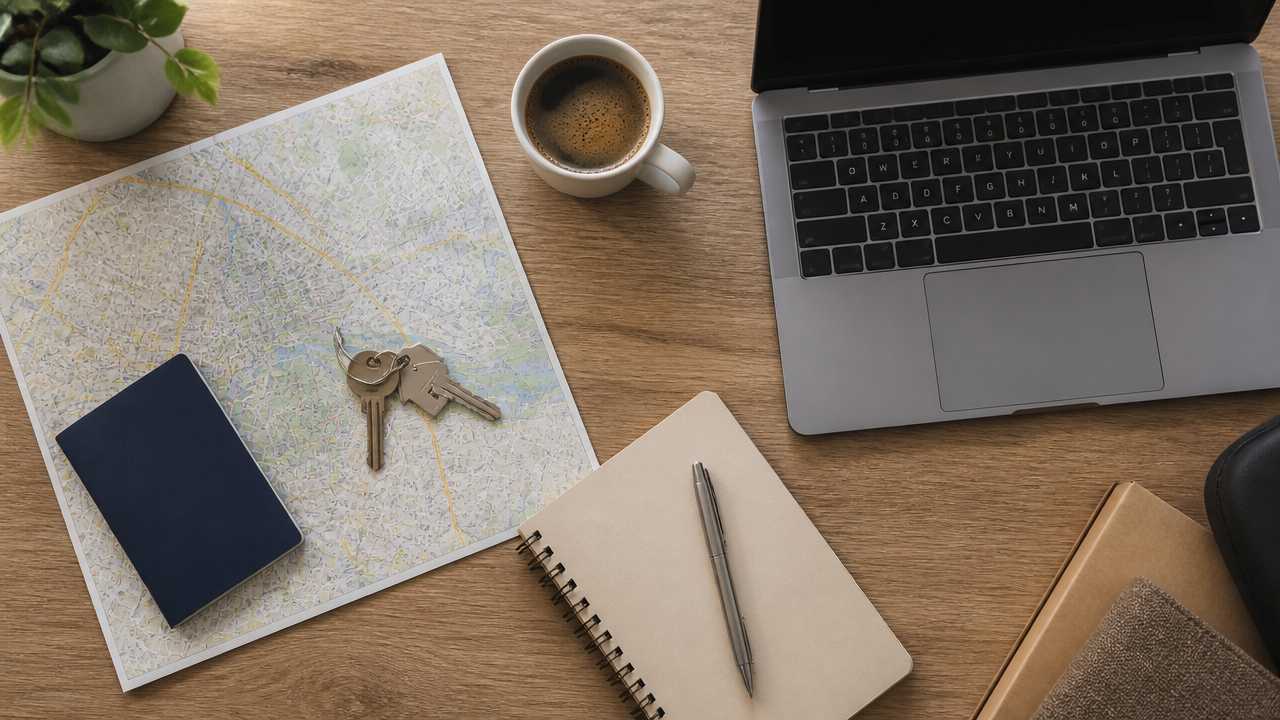 a neatly organized relocation planning desk with a passport