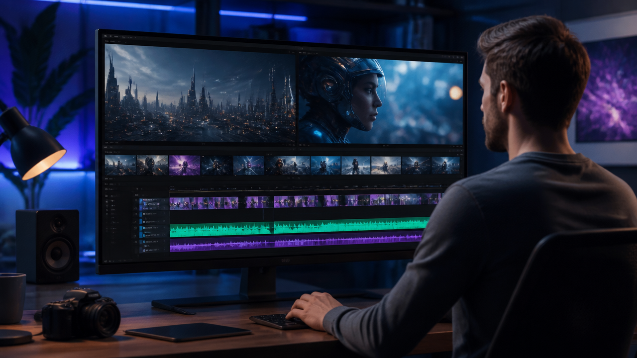 Un creador digital edita una línea de tiempo de vídeo generada por IA en un monitor grande.