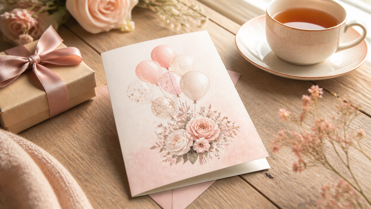 a soft pastel birthday card on a wooden desk beside a small wrapped gift and a cup of tea