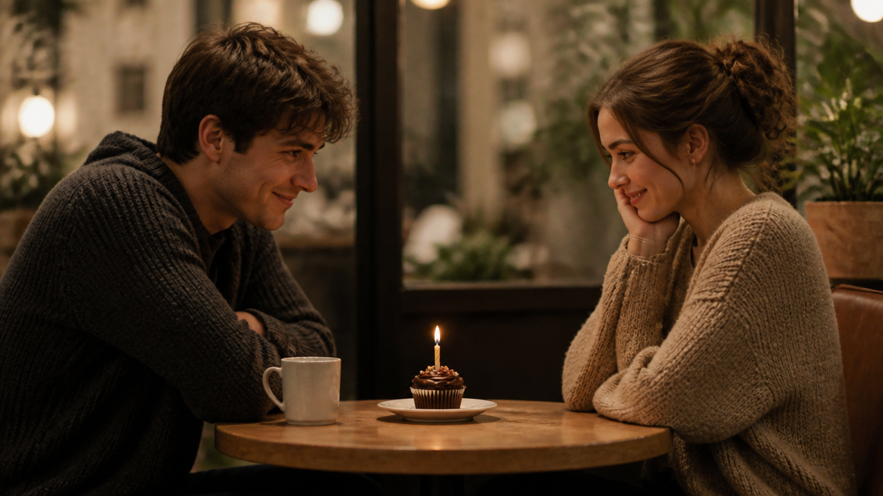 two people smiling shyly across a small cafe table with a birthday cupcake between them