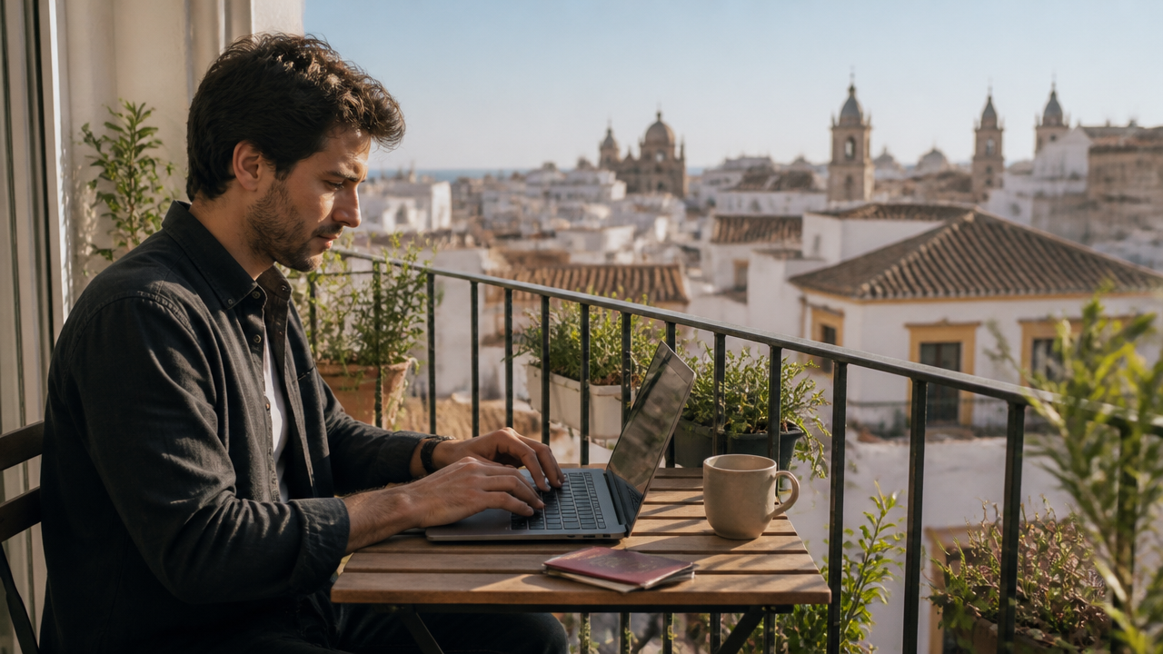 a remote professional sitting at a sunlit apartment balcony in Spain with a laptop