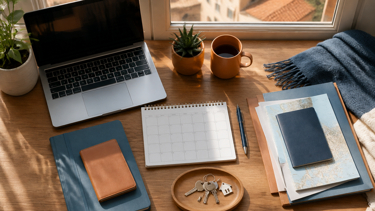 a tidy relocation planning desk with a passport