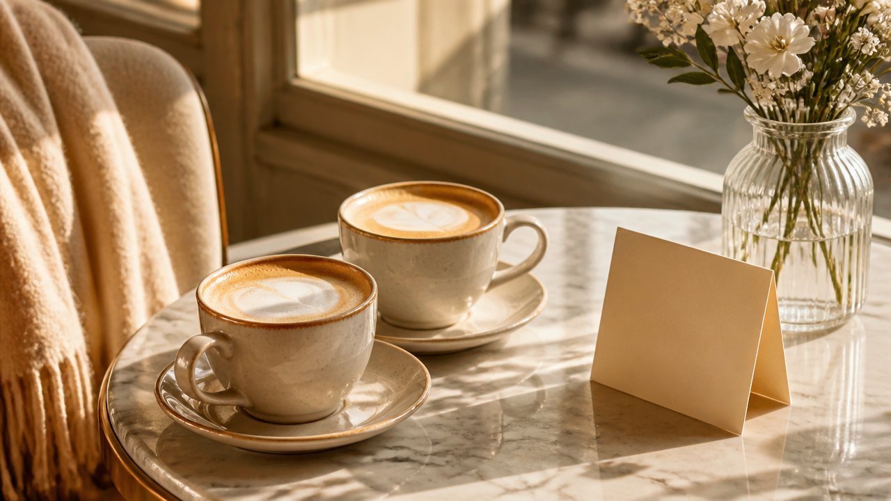 two cozy coffee cups on a small cafe table beside a folded greeting card