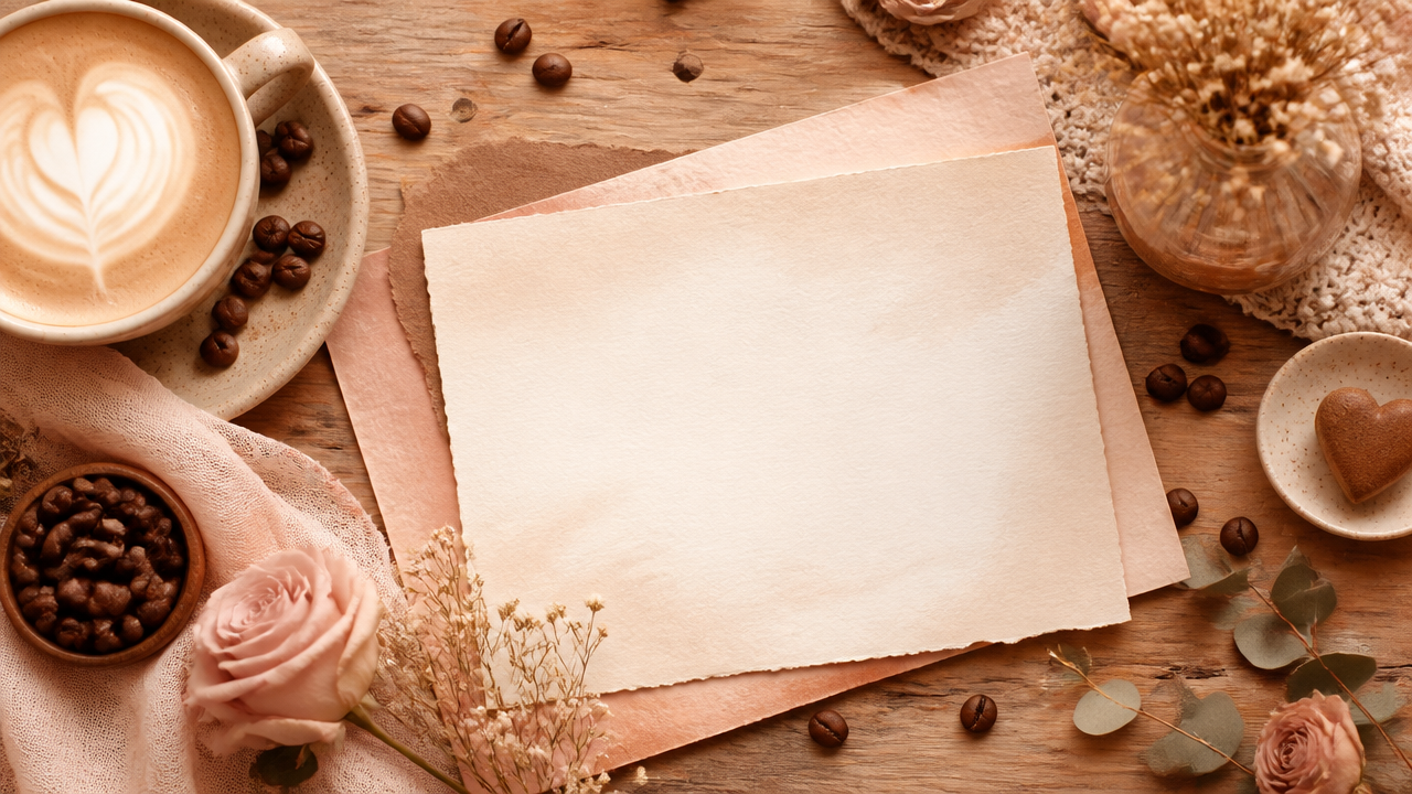 a warm digital invitation card scene with latte art
