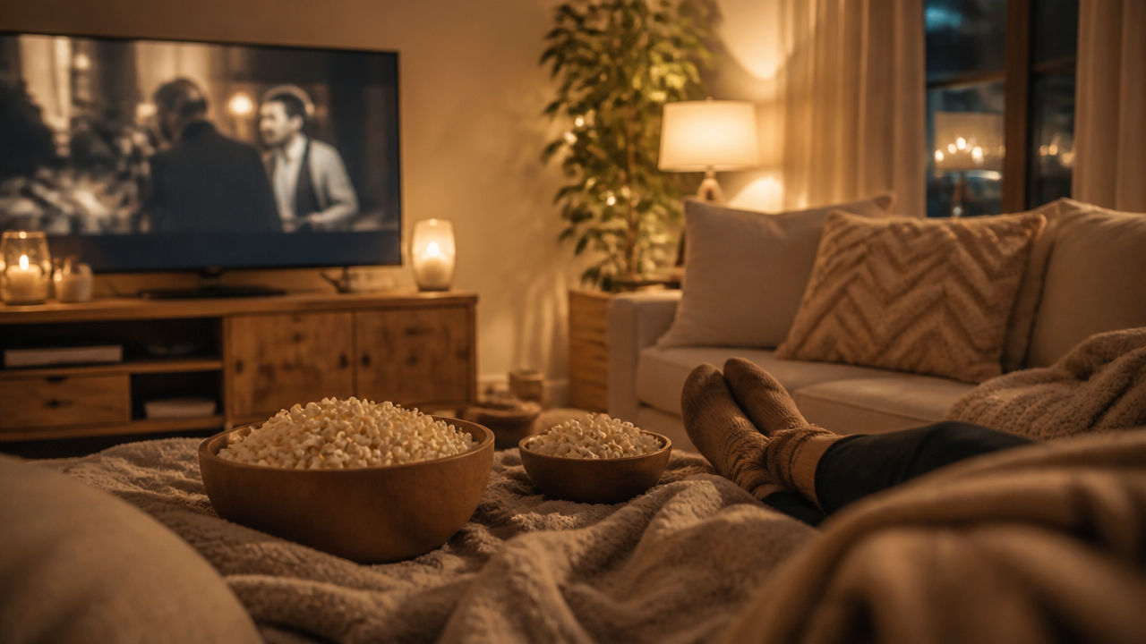 cozy living room movie night setup with popcorn bowls