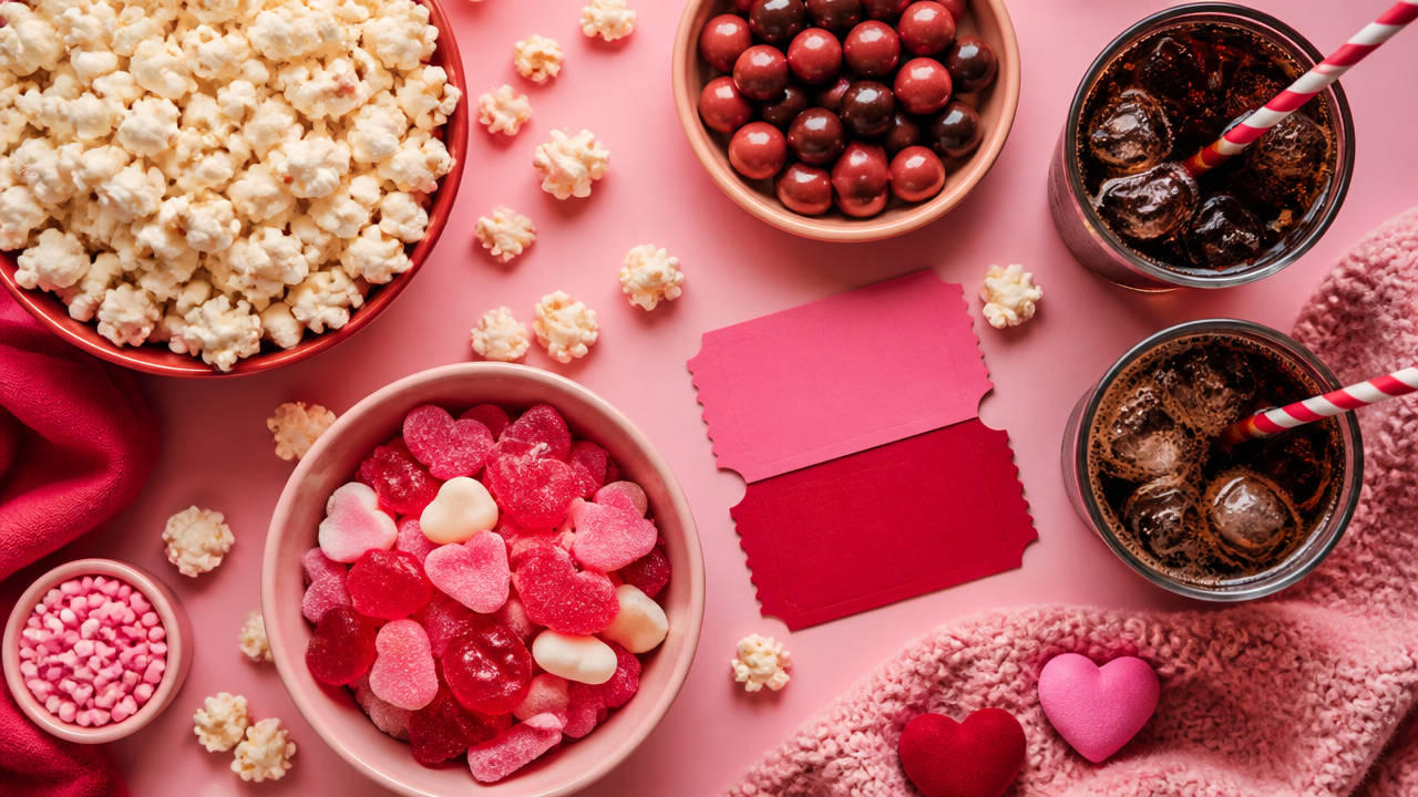 overhead flat lay of movie snacks including popcorn