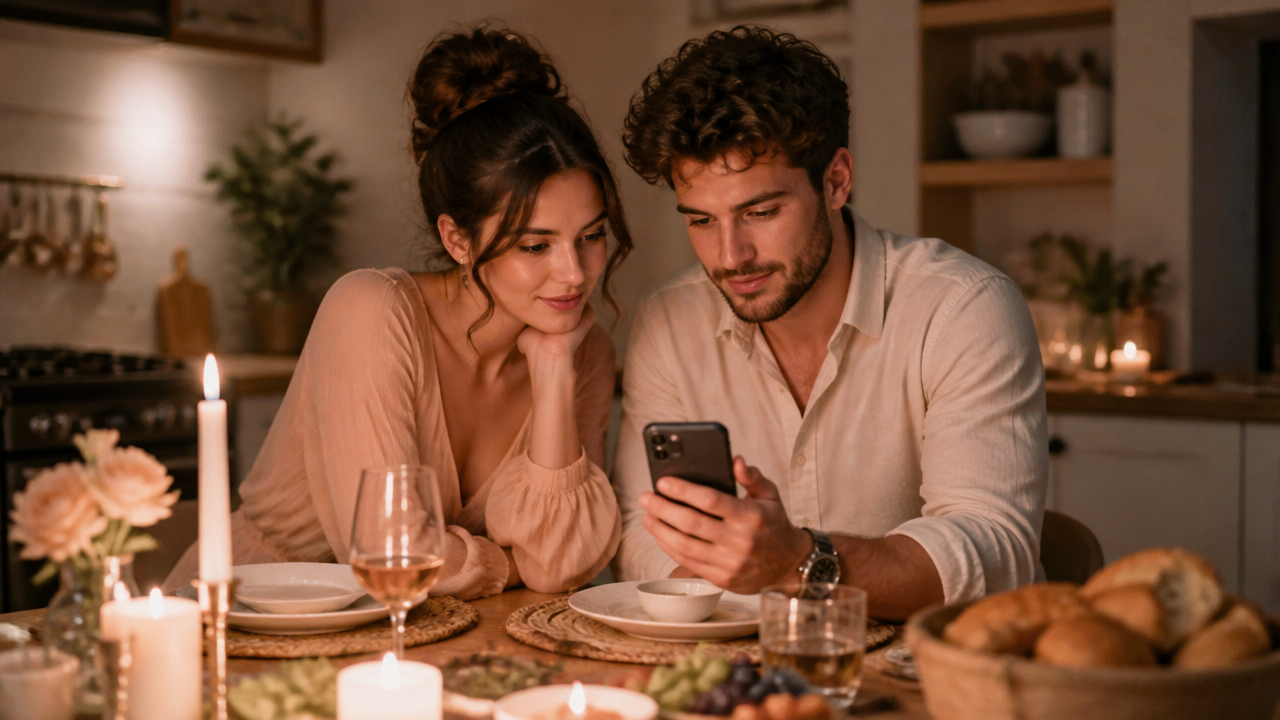 two people looking at a dinner invitation on a phone at a cozy kitchen table