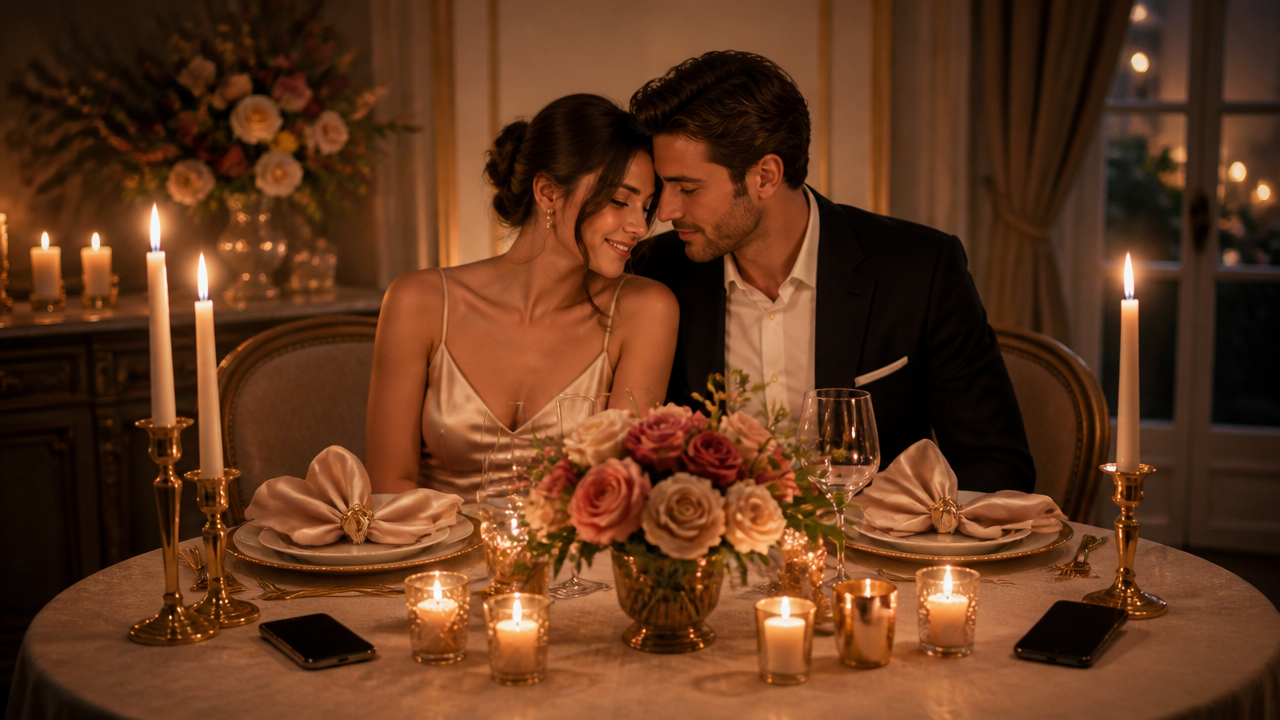 elegant dinner table for two with candles