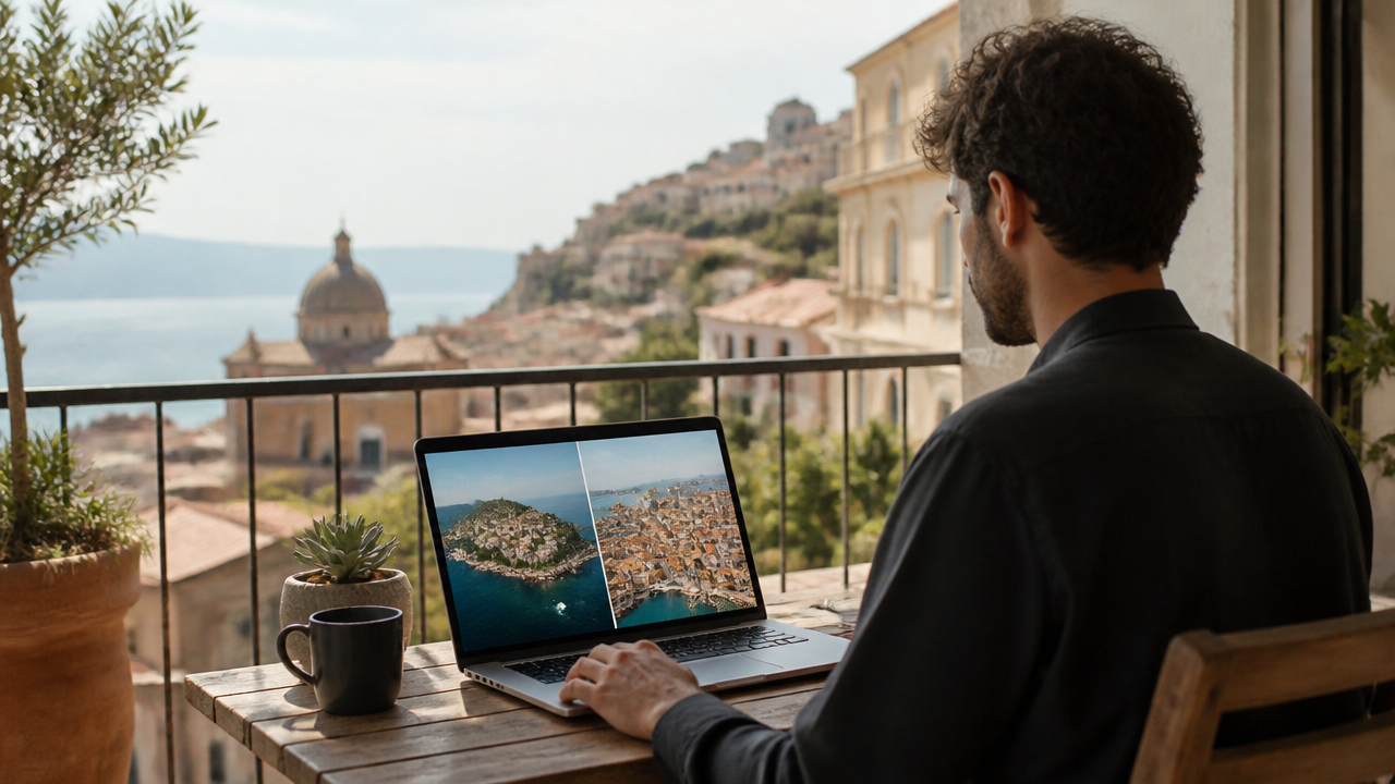 a remote professional comparing two European coastal city options on a laptop from a bright apartment balcony