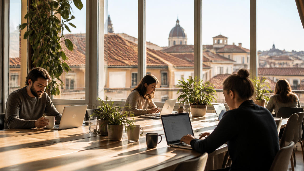 a sunlit European coworking space with laptops