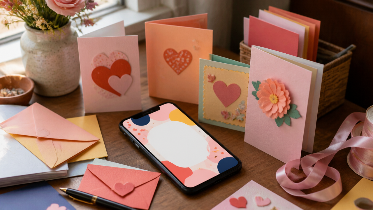 a cozy desk scene with colorful handmade greeting cards