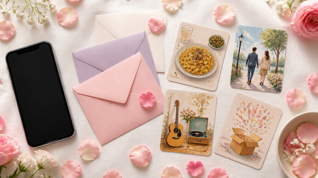 a cheerful romantic flat lay of a smartphone beside pastel envelopes