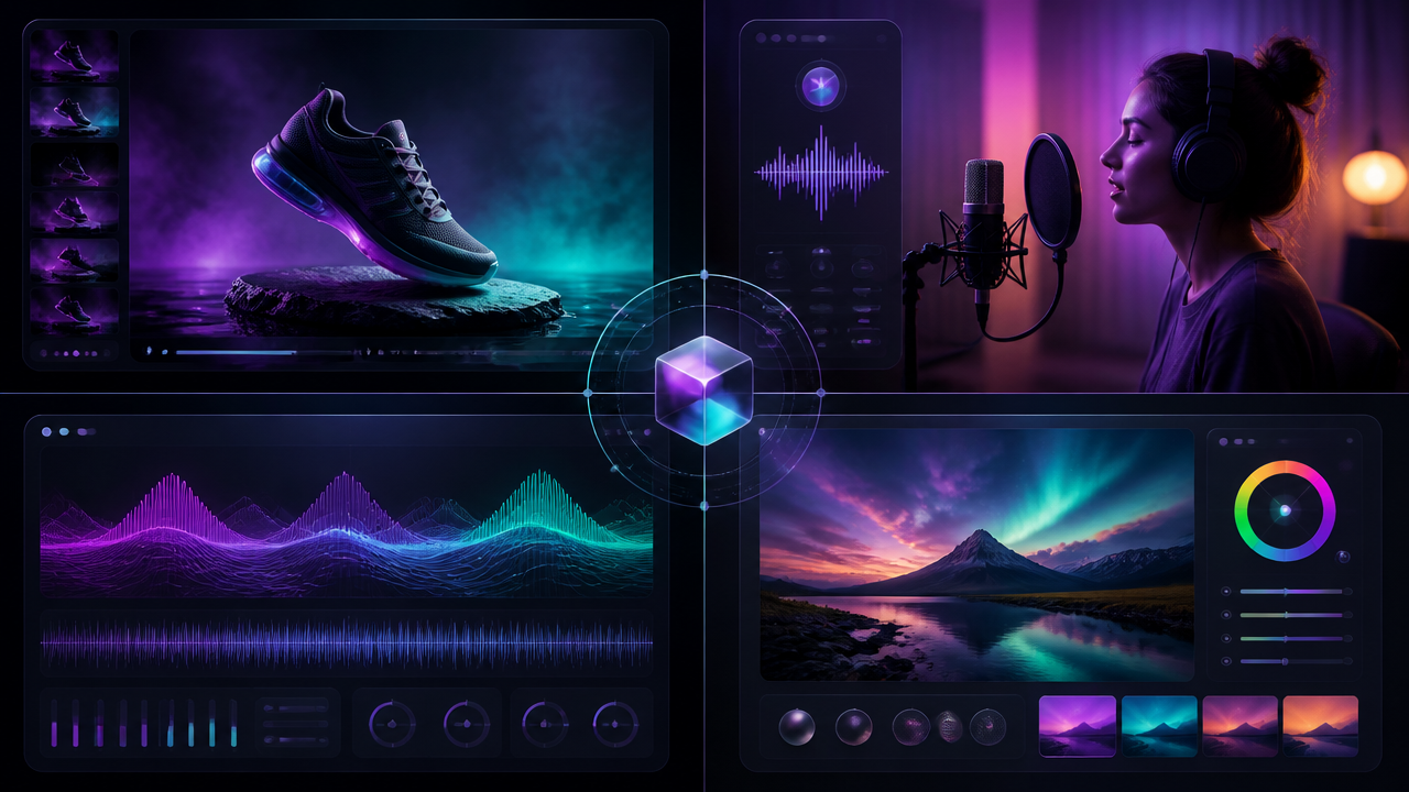 a cinematic split-screen style visual showing an AI-generated product video scene