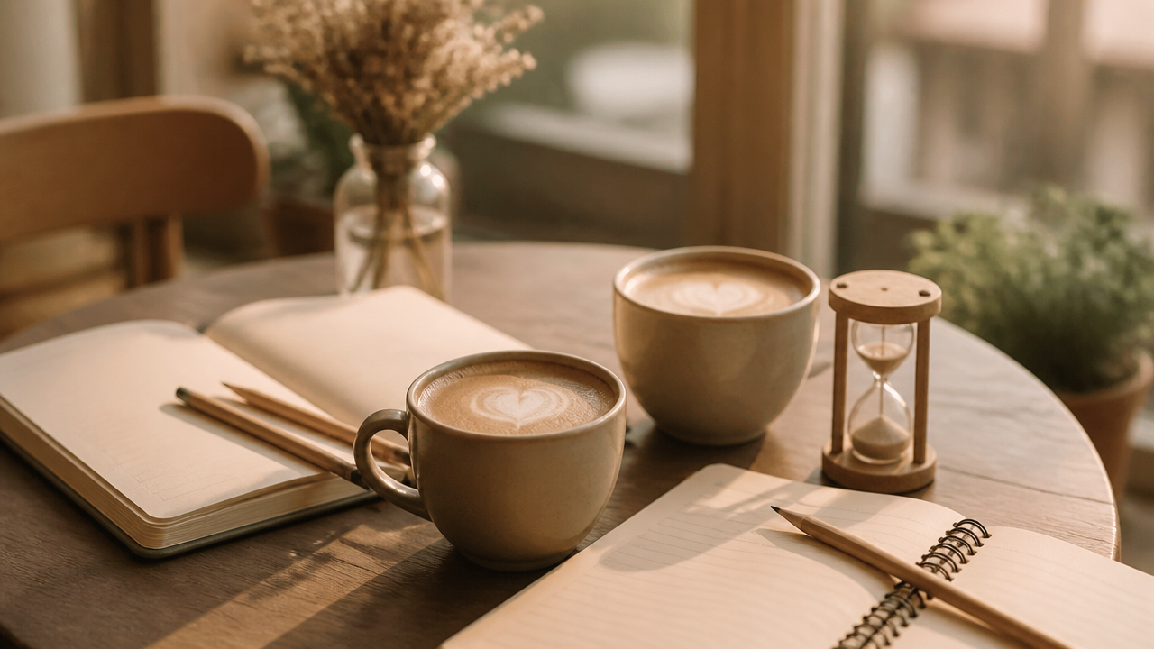 two cozy coffee cups beside open notebooks