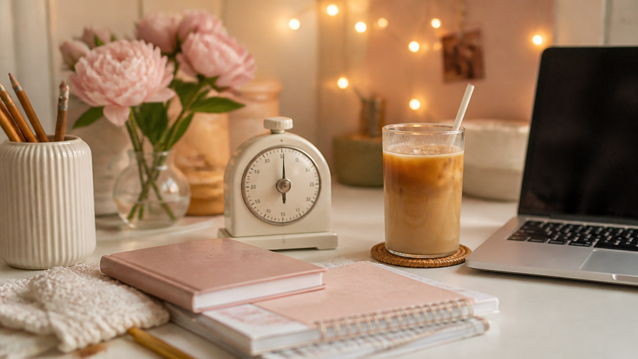 a cozy desk setup with pastel notebooks