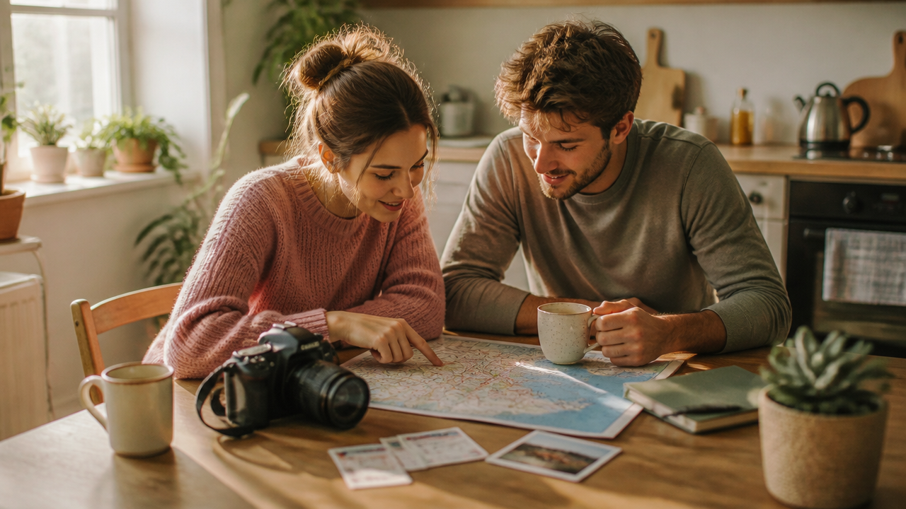 two people planning a small weekend trip at a cozy kitchen table with a map