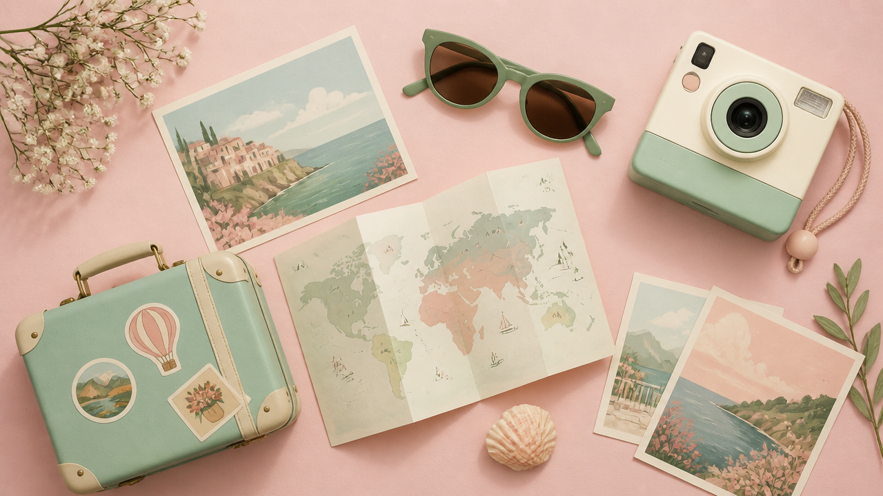 a whimsical flat lay of illustrated travel objects including a postcard