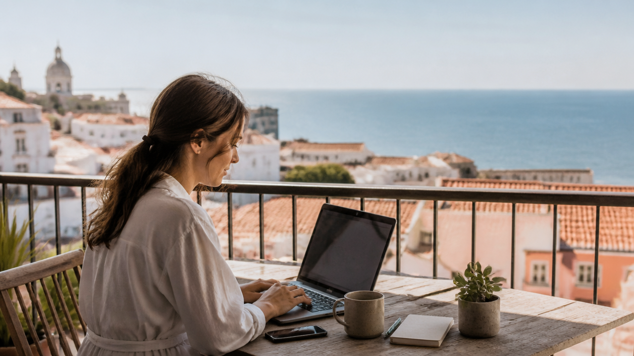 a remote professional working on a laptop from a bright apartment balcony overlooking tiled rooftops and the Atlantic coast in Portugal