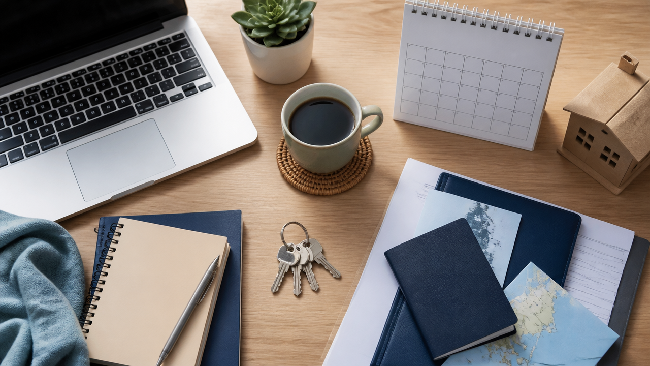 a neatly organized relocation planning desk with a passport