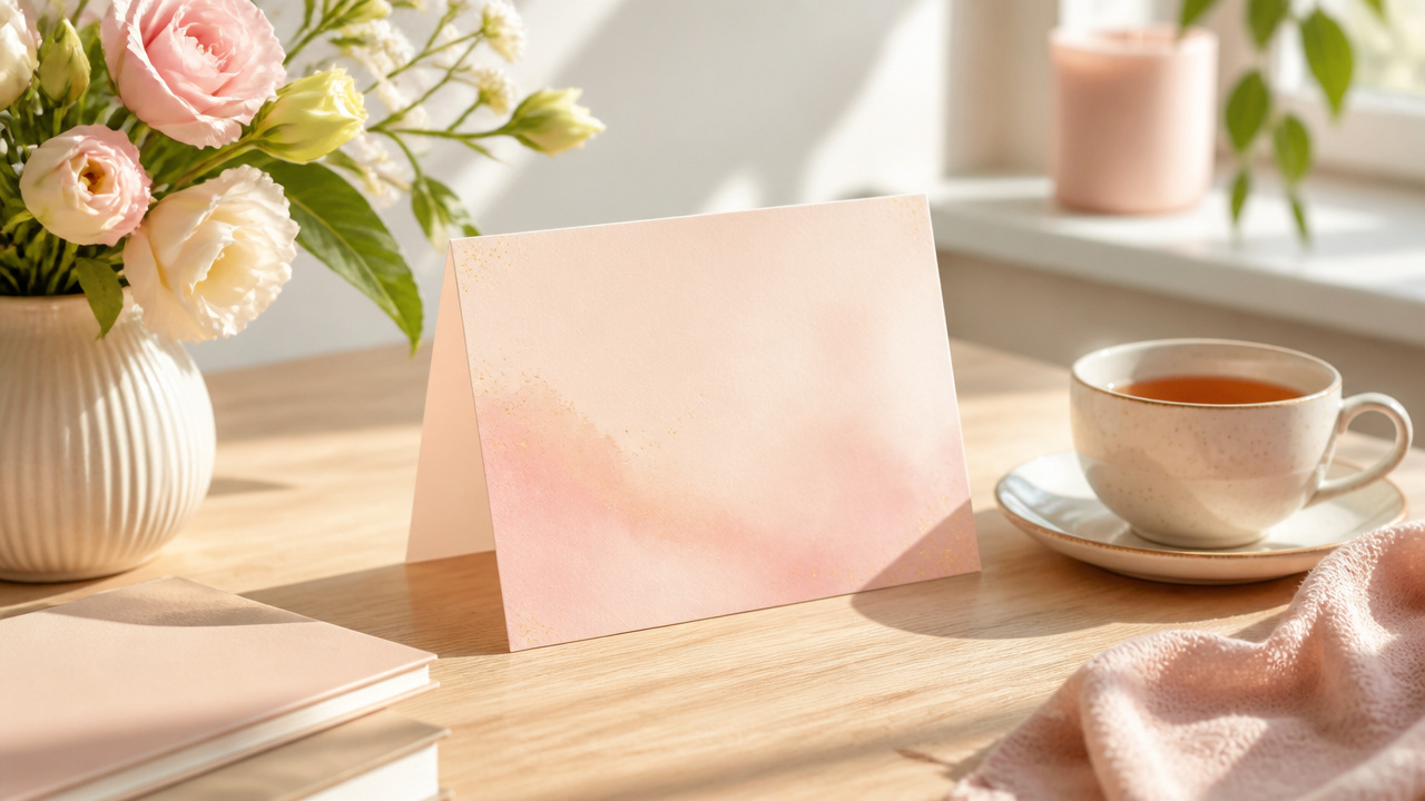 a peaceful desk scene with a soft pastel greeting card