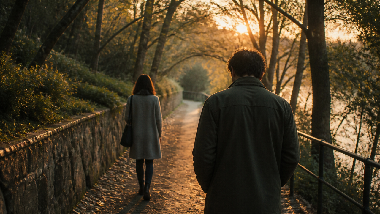 two people walking separately but near each other on a quiet tree-lined path at sunset