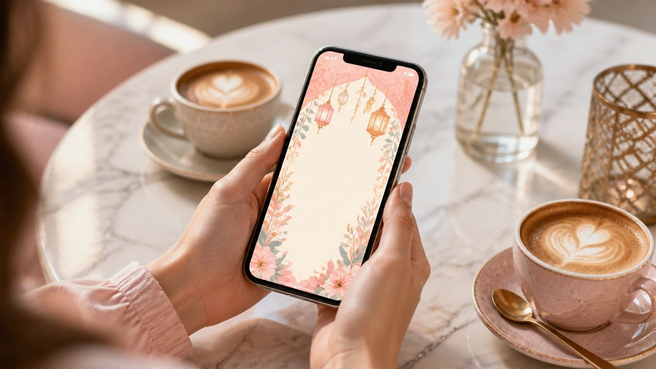 a smartphone showing a colorful illustrated invitation card interface on a cozy cafe table with two cups of coffee