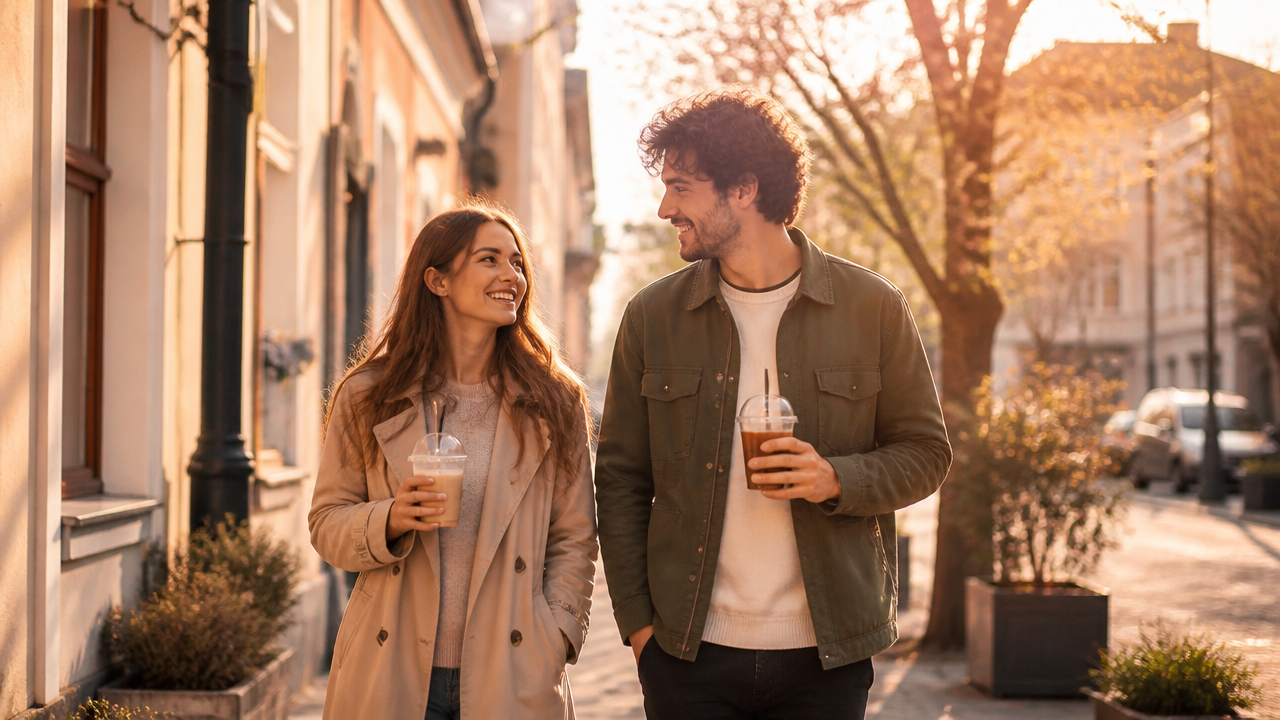 two people walking side by side in a charming city street holding takeaway drinks