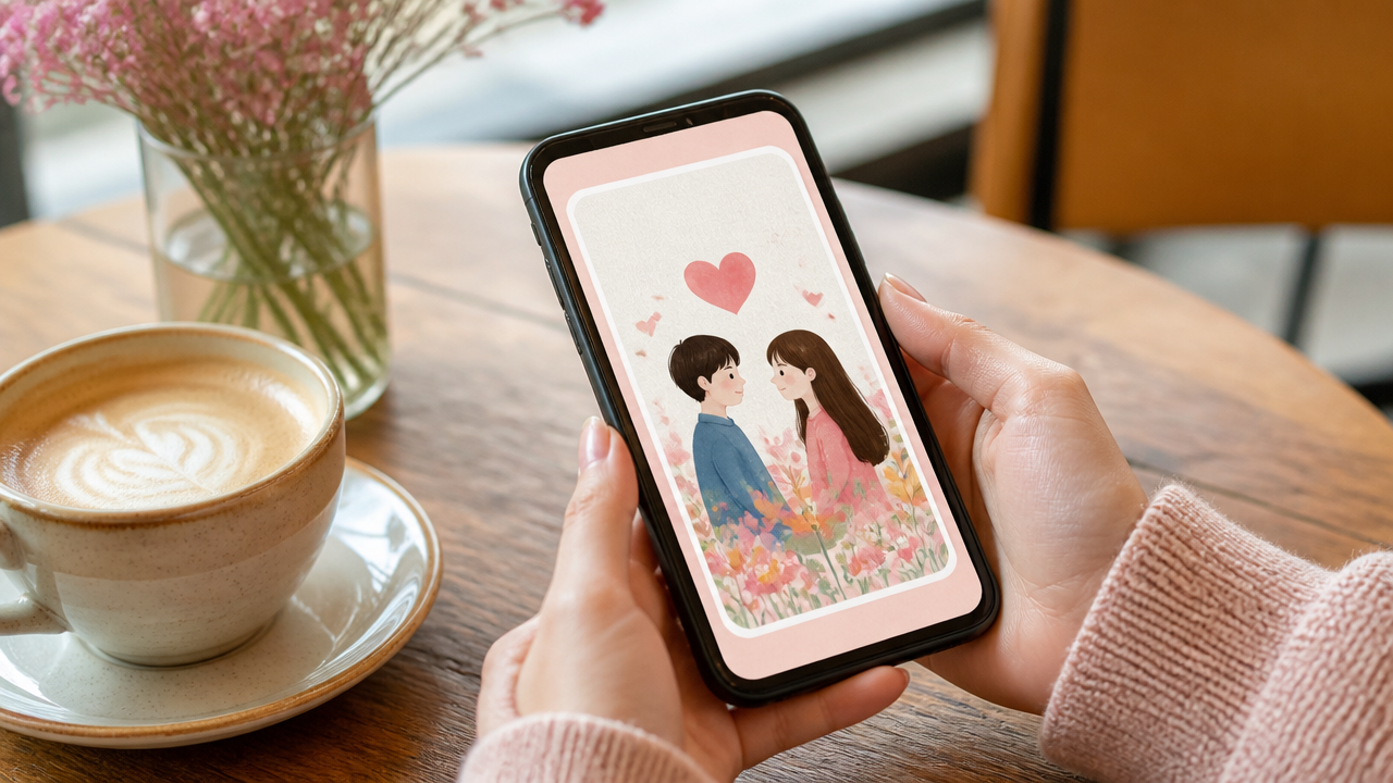 a cozy smartphone on a cafe table showing a colorful illustrated greeting card preview without any visible text