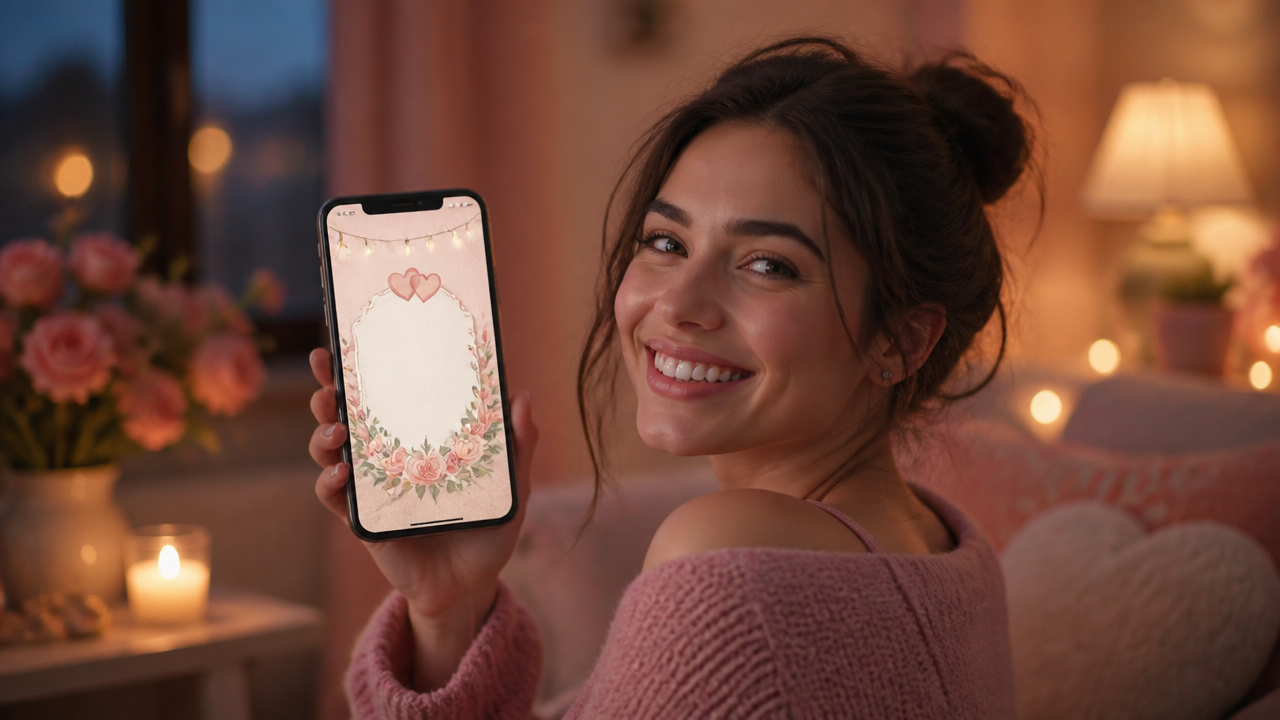 a cheerful person holding a smartphone with a charming illustrated invitation card interface visible but without readable text