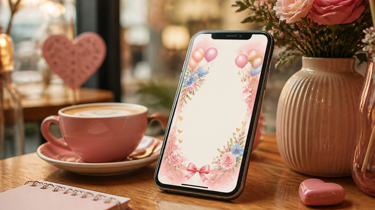 На уютном столике в кафе лежит смартфон, на котором отображается предварительный просмотр красочной цифровой пригласительной открытки без читаемого текста.
