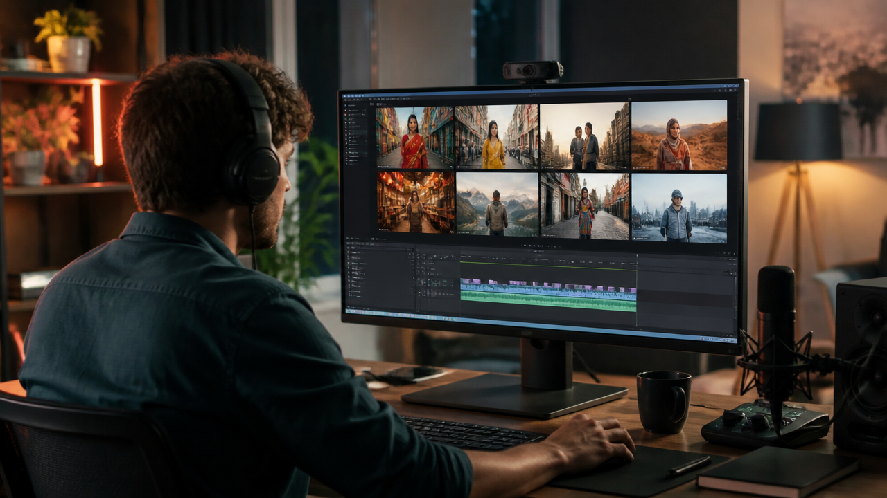 Un creador edita múltiples versiones de vídeo localizadas en un monitor grande en un estudio moderno.