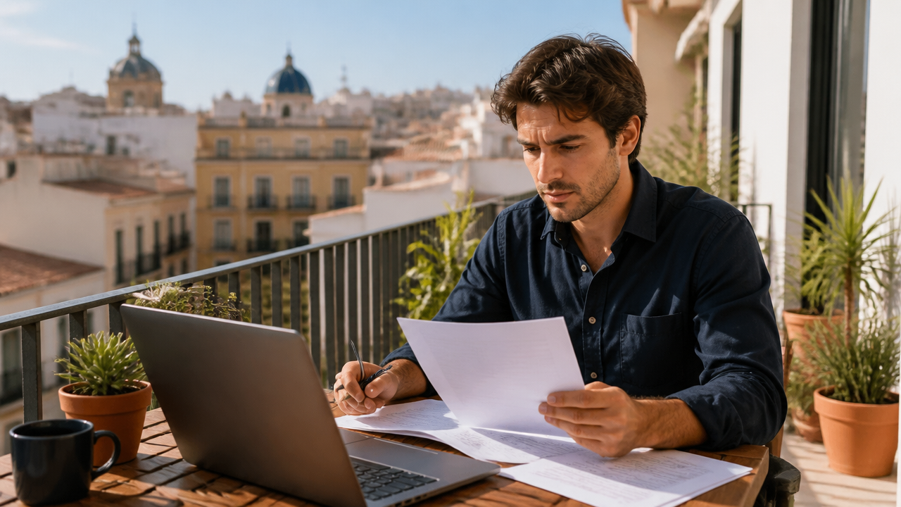 a remote professional reviewing tax documents and a laptop on a sunlit apartment balcony in Spain